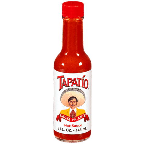 Tapatío Hot sauce Salsa Picante productafbeelding met daarop een rode fles met een wit label. Op het label staat een Mexicaanse Man met Sombrero afgebeeld.